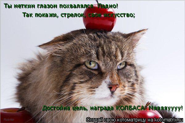 Ты метким глазом похвалялся. Ладно! Так покажи, стрелок, свое искусство; Достойна цель, награда КО... Котоматрица: Ты метким глазом похвалялся. Ладно! Так покажи, стрелок, свое искусство; Достойна цель, награда КОЛБАСА! Мяяяяуууу!
