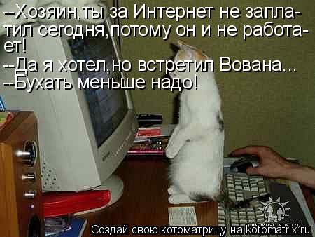 Котоматрица: --Хозяин,ты за Интернет не запла- тил сегодня,потому он и не работа- ет! --Да я хотел,но встретил Вована... --Бухать меньше надо!
