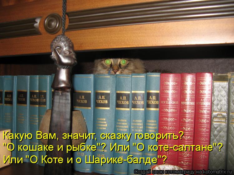 Какую Вам, значит, сказку говорить? "О кошаке и рыбке"? Или "О коте-салтане"? Или "О Коте и о Шарике-... Котоматрица: Какую Вам, значит, сказку говорить? "О кошаке и рыбке"? Или "О коте-салтане"? Или "О Коте и о Шарике-балде"?