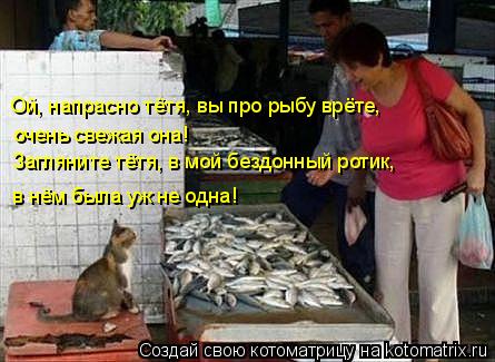 Котоматрица: Ой, напрасно тётя, вы про рыбу врёте,  очень свежая она!  Загляните тётя, в мой бездонный ротик,  в нём была уж не одна!