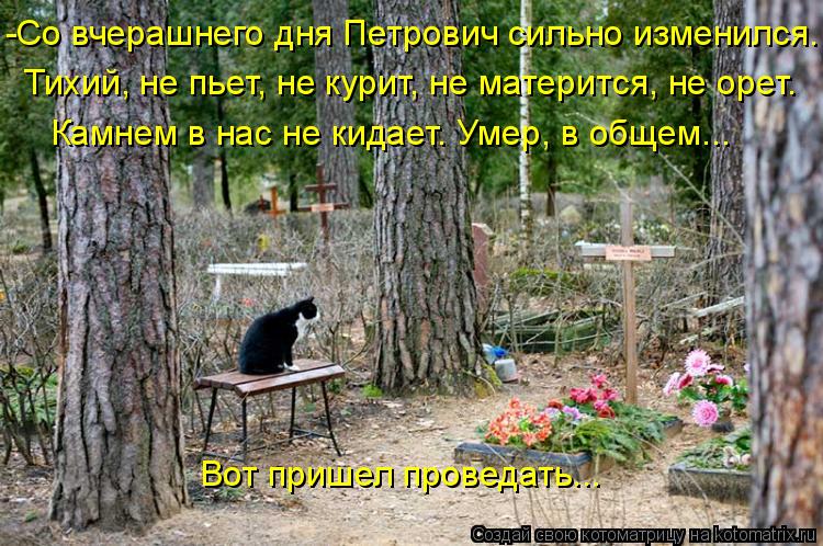 -Со вчерашнего дня Петрович сильно изменился. Тихий, не пьет, не курит, не матерится, не орет. Камнем... Котоматрица: -Со вчерашнего дня Петрович сильно изменился. Тихий, не пьет, не курит, не матерится, не орет. Камнем в нас не кидает. Умер, в общем... Вот прише