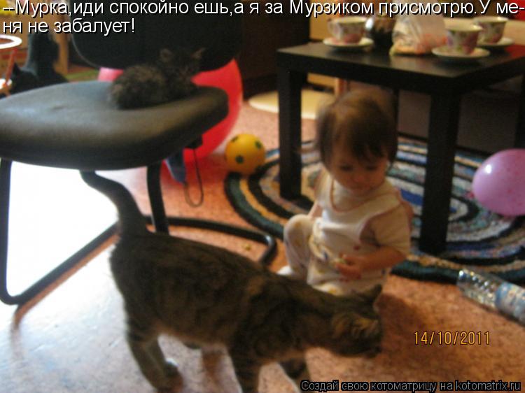 Котоматрица: --Мурка,иди спокойно ешь,а я за Мурзиком присмотрю.У ме- ня не забалует!