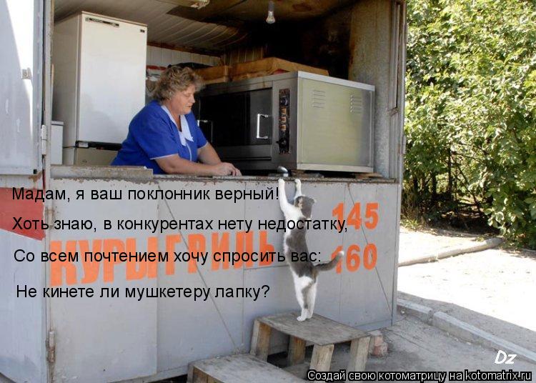 Мадам, я ваш поклонник верный! Хоть знаю, в конкурентах нету недостатку, Со всем почтением хочу спрос... Котоматрица: Мадам, я ваш поклонник верный! Хоть знаю, в конкурентах нету недостатку, Со всем почтением хочу спросить вас: Не кинете ли мушкетеру лапку?