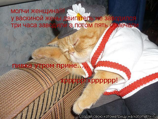 Котоматрица: молчи женщина!!! у васкиной жены двигатель не заводился три часа заводили а потом пять отмечали пивка утром прине..... хррррр!хрррррр!