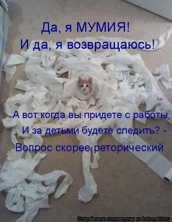 Котоматрица: Да, я МУМИЯ! И да, я возвращаюсь! А вот когда вы придете с работы, И за детьми будете следить? - Вопрос скорее реторический