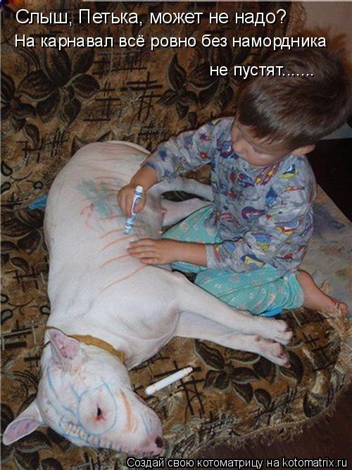 Котоматрица: Слыш, Петька, может не надо? На карнавал всё ровно без намордника  не пустят.......