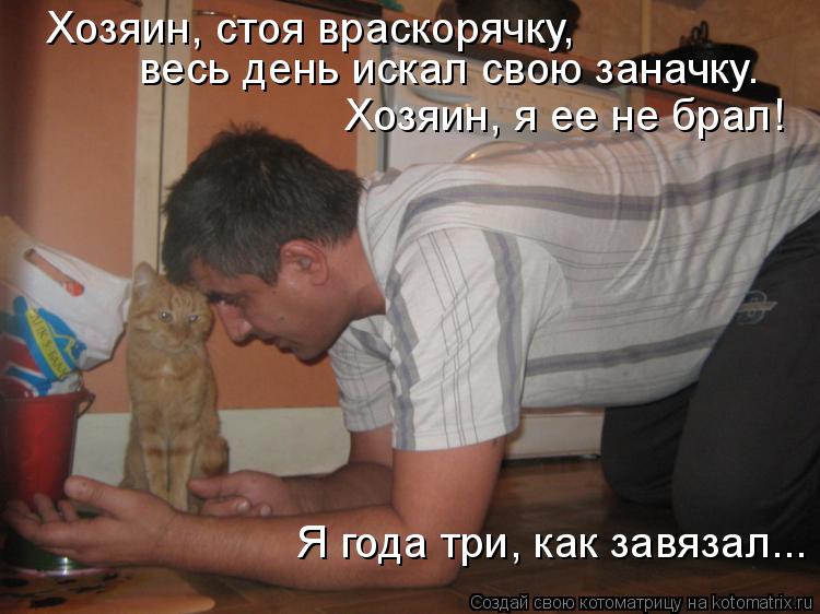 Хозяин, стоя враскорячку, весь день искал свою заначку. Хозяин, я ее не брал! Я года три, как завяз... Котоматрица: Хозяин, стоя враскорячку, весь день искал свою заначку. Хозяин, я ее не брал! Я года три, как завязал...