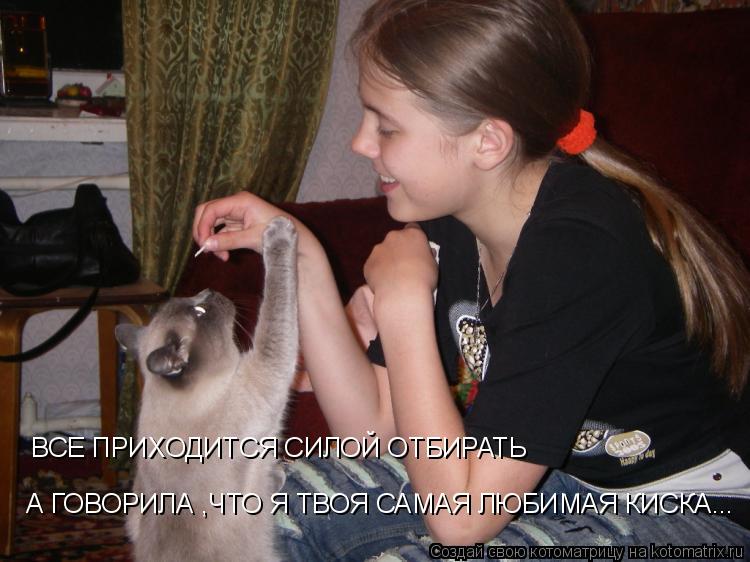 Котоматрица: ВСЕ ПРИХОДИТСЯ СИЛОЙ ОТБИРАТЬ  А ГОВОРИЛА ,ЧТО Я ТВОЯ САМАЯ ЛЮБИМАЯ КИСКА...