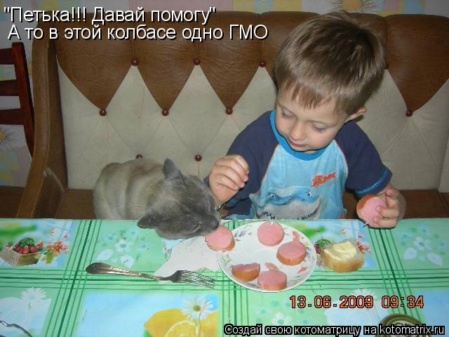 Котоматрица: "Петька!!! Давай помогу" А то в этой колбасе одно ГМО
