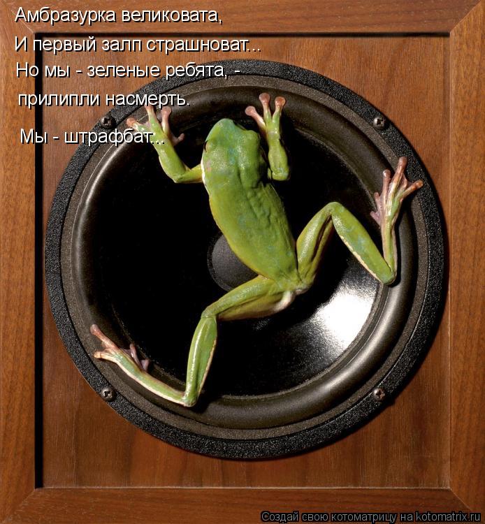 Котоматрица: Амбразурка великовата, И первый залп страшноват... Но мы - зеленые ребята, - прилипли насмерть. Мы - штрафбат...