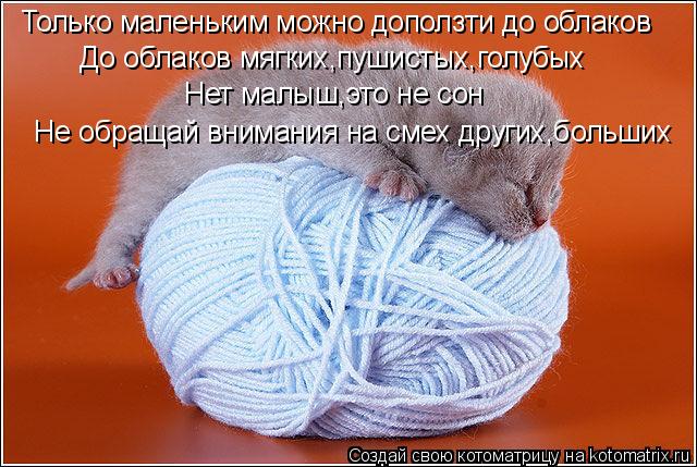 Только маленьким можно доползти до облаков До облаков мягких,пушистых,голубых Нет малыш,это не сон Не... Котоматрица: Только маленьким можно доползти до облаков До облаков мягких,пушистых,голубых Нет малыш,это не сон Не обращай внимания на смех других,боль