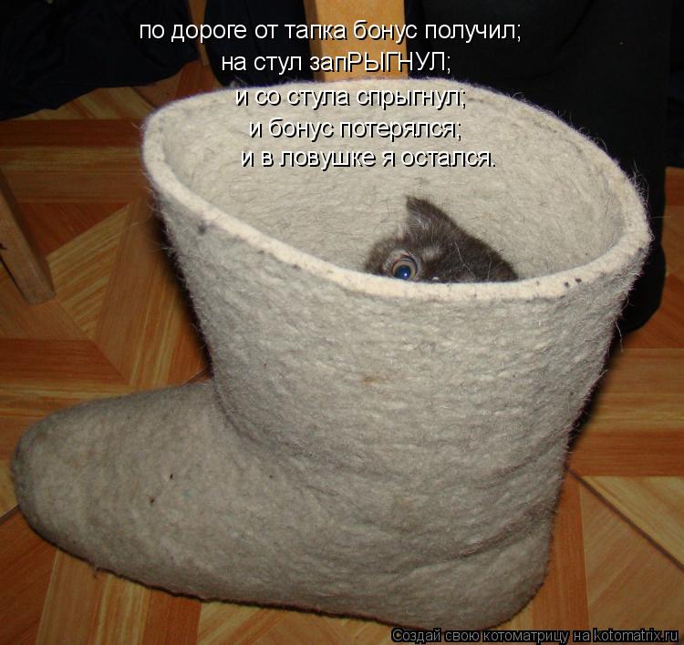 Котоматрица: по дороге от тапка бонус получил; на стул запРЫГНУЛ; и со стула спрыгнул; и бонус потерялся; и в ловушке я остался.