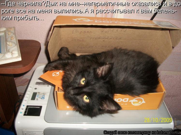 Котоматрица: --Где чернила?Дык на мне--негерметичные оказались и в до- роге все на меня вылились.А я рассчитывал к вам белень- ким прибыть...