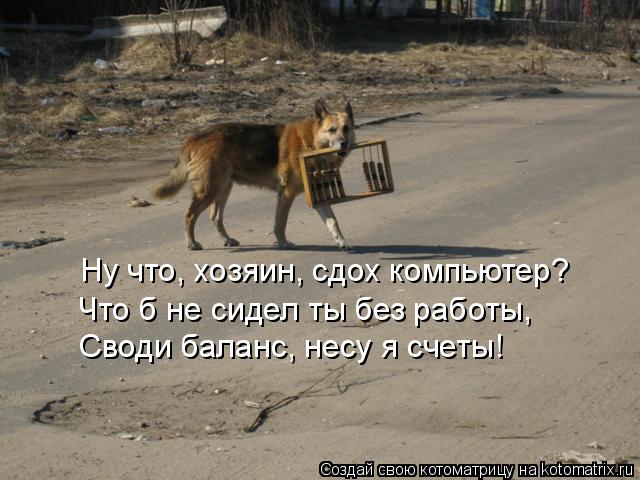 Ну что, хозяин, сдох компьютер? Ну что, хозяин, сдох компьютер? Что б не сидел ты без работы, Своди б... Котоматрица: Ну что, хозяин, сдох компьютер? Ну что, хозяин, сдох компьютер? Что б не сидел ты без работы, Своди баланс, несу я счеты!