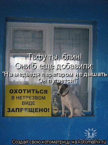 Котоматрица: Тьфу ты, блин! Они б ещё добавили: "На медведя перегаром не дышать. Он пугается!"