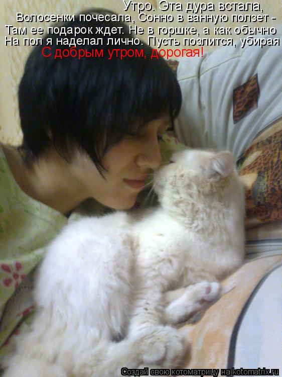 Котоматрица: Утро. Эта дура встала, Волосенки почесала, Сонно в ванную ползет - Там ее подарок ждет. Не в горшке, а как обычно На пол я наделал лично. Пусть 