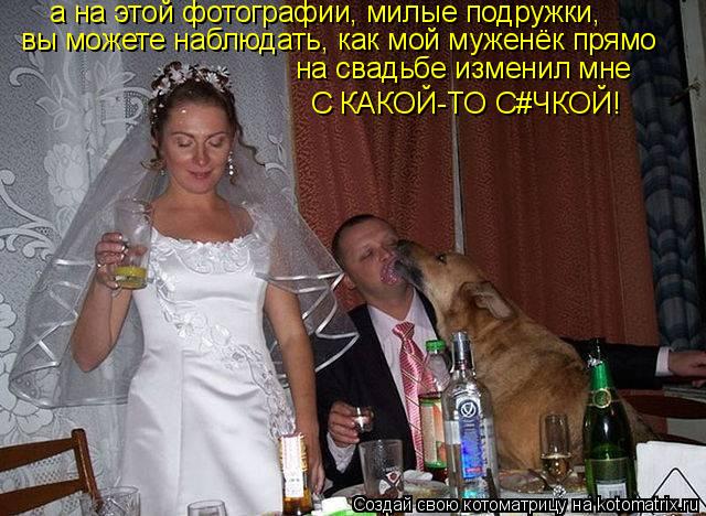 а на этой фотографии, милые подружки, вы можете наблюдать, как мой муженёк прямо на свадьбе изменил ... Котоматрица: а на этой фотографии, милые подружки, вы можете наблюдать, как мой муженёк прямо на свадьбе изменил мне С КАКОЙ-ТО С#ЧКОЙ!