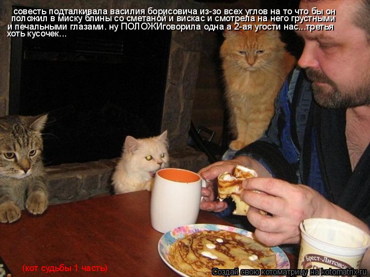 Котоматрица: совесть подталкивала василия борисовича из-зо всех углов на то что бы он  положил в миску блины со сметаной и вискас и смотрела на него грус