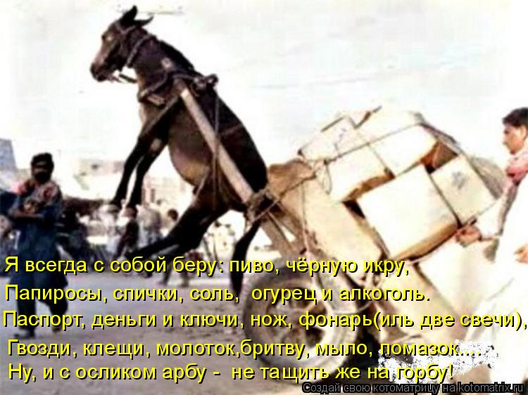 Я всегда с собой беру: пиво, чёрную икру, Папиросы, спички, соль, огурец и алкоголь. Паспорт, деньги... Котоматрица: Я всегда с собой беру: пиво, чёрную икру, Папиросы, спички, соль, огурец и алкоголь. Паспорт, деньги и ключи, нож, фонарь(иль две свечи), Гвозди,