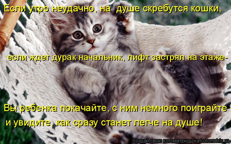 Котоматрица: Вы ребенка покачайте, с ним немного поиграйте -  и увидите, как сразу станет легче на душе! если ждет дурак начальник, лифт застрял на этаже-  