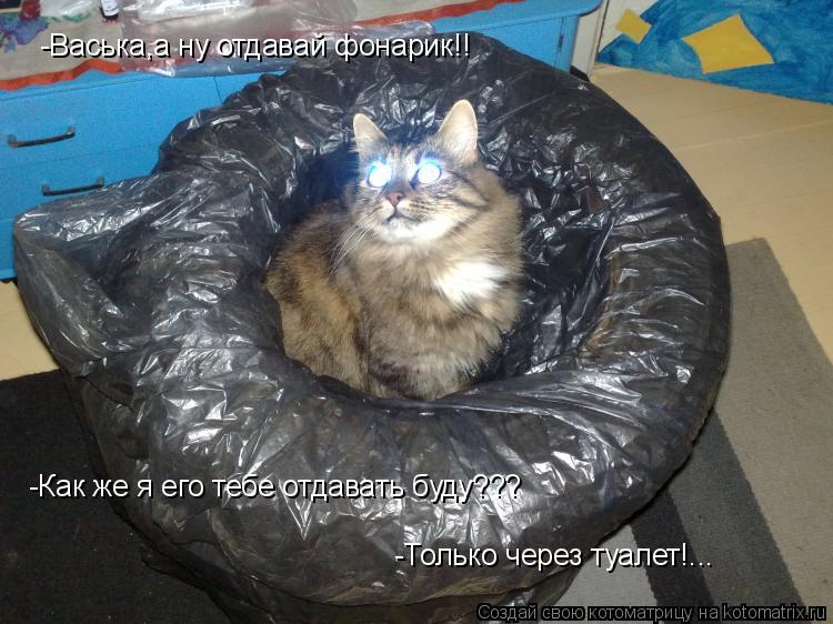 -Васька,а ну отдавай фонарик!! -Как же я его тебе отдавать буду??? -Только через туалет!...... Котоматрица: -Васька,а ну отдавай фонарик!! -Как же я его тебе отдавать буду??? -Только через туалет!...