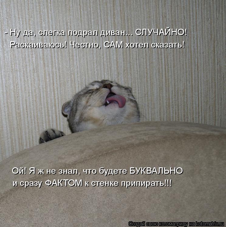 Котоматрица: - Ну да, слегка подрал диван... СЛУЧАЙНО! Раскаиваюсь! Честно, САМ хотел сказать! Ой! Я ж не знал, что будете БУКВАЛЬНО и сразу ФАКТОМ к стенке п
