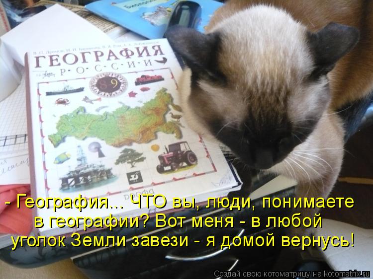 Котоматрица: - География... ЧТО вы, люди, понимаете в географии? Вот меня - в любой уголок Земли завези - я домой вернусь!