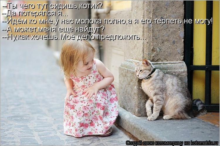 Котоматрица: --Ты чего тут сидишь,котик? --Да потерялся я... --Идём ко мне,у нас молока полно,а я его терпеть не могу! --А может,меня ещё найдут? --Ну,как хочешь.М
