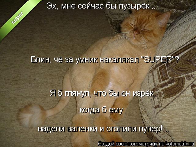 Эх, мне сейчас бы пузырёк... Я б глянул, что бы он изрёк, Блин, чё за умник накалякал "SUPER"? надел... Котоматрица: Эх, мне сейчас бы пузырёк... Я б глянул, что бы он изрёк, Блин, чё за умник накалякал "SUPER"? надели валенки и оголили пупер!... когда б ему