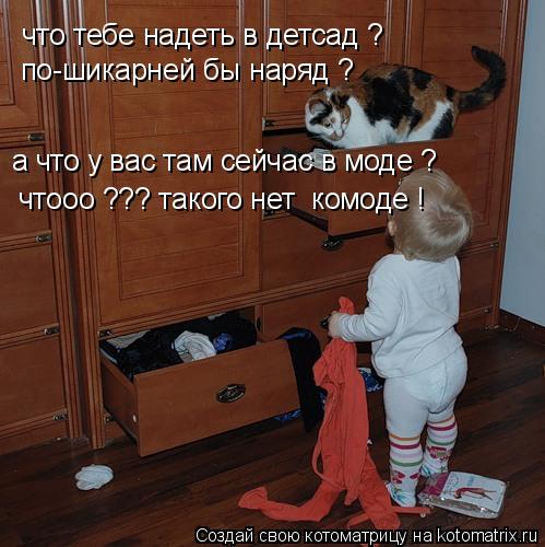 Котоматрица: что тебе надеть в детсад ? по-шикарней бы наряд ? a что у вас там сейчас в моде ? чтоoo ??? такого нет  комоде !