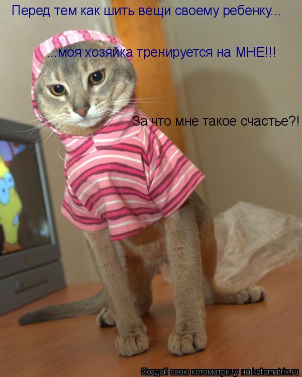 Котоматрица: Перед тем как шить вещи своему ребенку... ...моя хозяйка тренируется на МНЕ!!! За что мне такое счастье?!