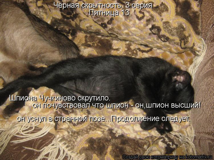 Чёрная скрытность. 3 серия Пятница 13 Шпиона Чучкиново скрутило. он почувствовал что шпион - он,шпион... Котоматрица: Чёрная скрытность. 3 серия Пятница 13 Шпиона Чучкиново скрутило. он почувствовал что шпион - он,шпион высший! он уснул в странной позе...Продол
