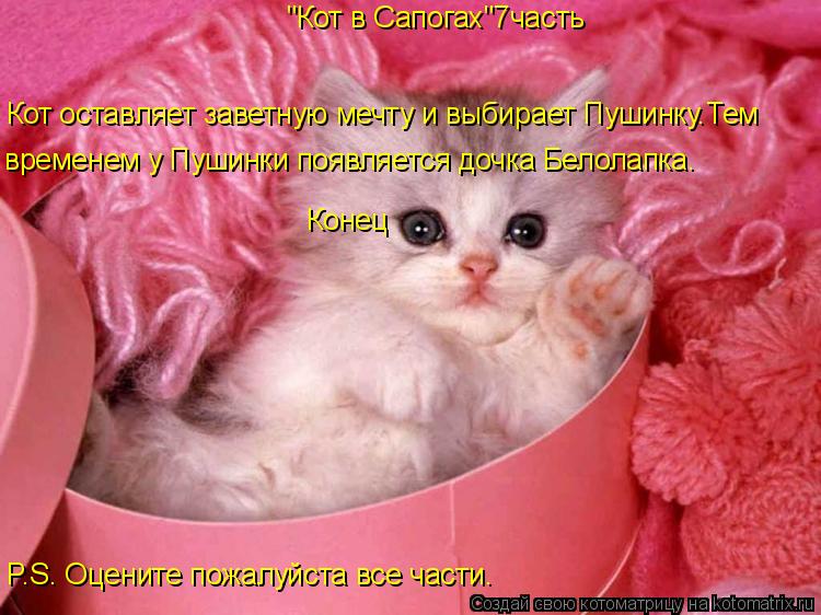 Котоматрица: "Кот в Сапогах"7часть Кот оставляет заветную мечту и выбирает Пушинку.Тем временем у Пушинки появляется дочка Белолапка. Конец P.S. Оцените п