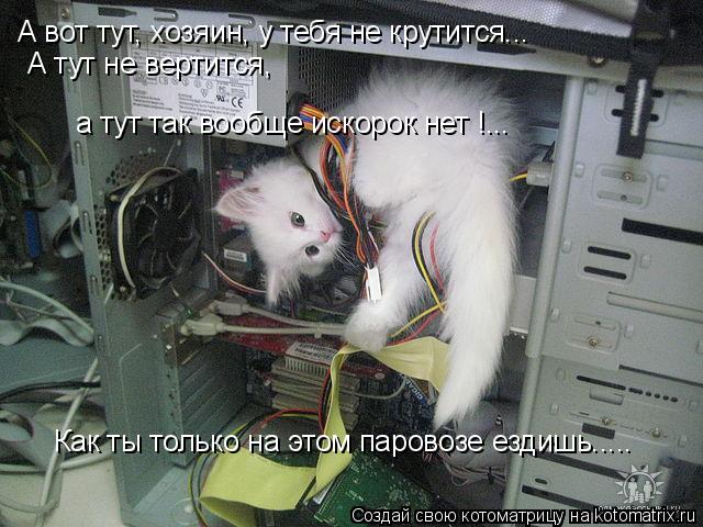 Котоматрица: А вот тут, хозяин, у тебя не крутится... А тут не вертится,  а тут так вообще искорок нет !... Как ты только на этом паровозе ездишь.....