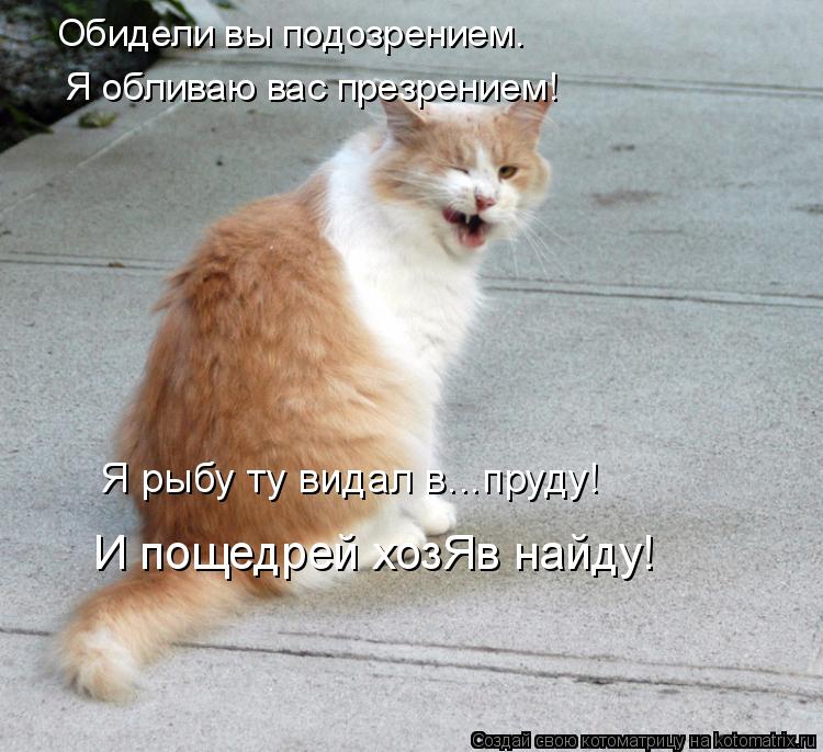 Обидели вы подозрением. Я обливаю вас презрением! Я рыбу ту видал в...пруду! И пощедрей хозЯв найду!... Котоматрица: Обидели вы подозрением. Я обливаю вас презрением! Я рыбу ту видал в...пруду! И пощедрей хозЯв найду!