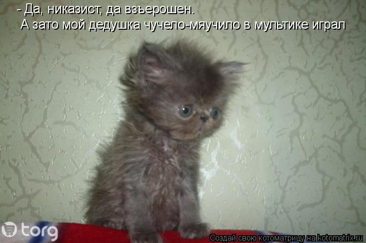 - Да, никазист, да взъерошен. А зато мой дедушка чучело-мяучило в мультике играл... Котоматрица: - Да, никазист, да взъерошен. А зато мой дедушка чучело-мяучило в мультике играл