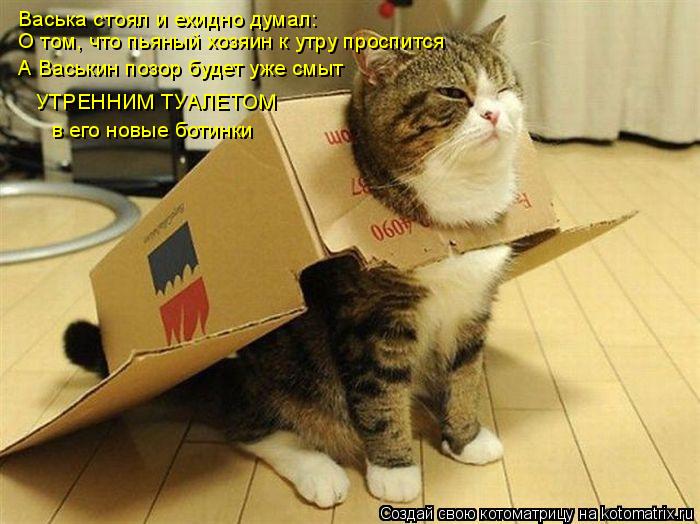 Котоматрица: Васька стоял и ехидно думал: О том, что пьяный хозяин к утру проспится  А Васькин позор будет уже смыт УТРЕННИМ ТУАЛЕТОМ в его новые ботинки