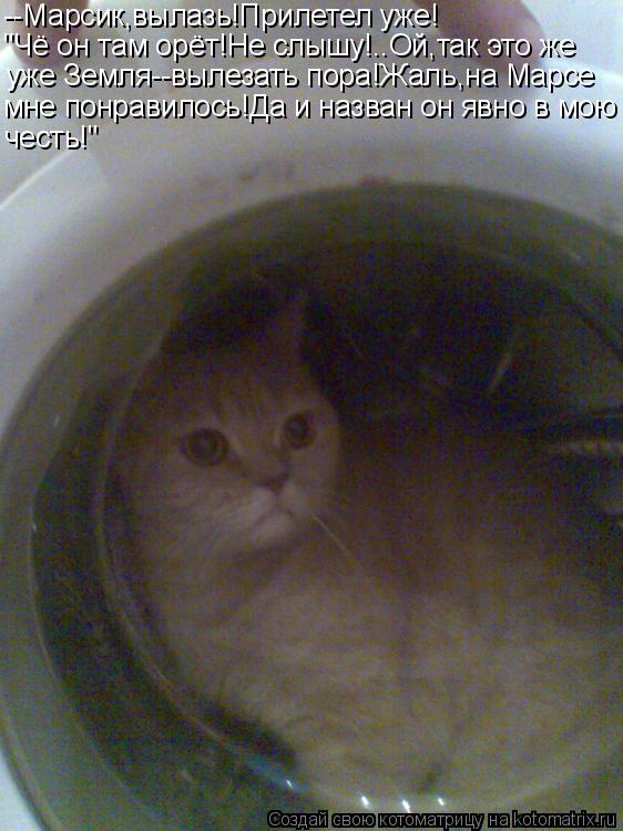 --Марсик,вылазь!Прилетел уже! "Чё он там орёт!Не слышу!..Ой,так это же уже Земля--вылезать пора!Жаль... Котоматрица: --Марсик,вылазь!Прилетел уже! "Чё он там орёт!Не слышу!..Ой,так это же уже Земля--вылезать пора!Жаль,на Марсе мне понравилось!Да и назван он явн