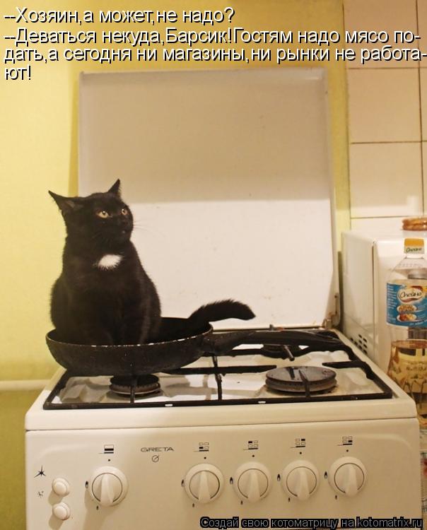 --Хозяин,а может,не надо? --Деваться некуда,Барсик!Гостям надо мясо по- дать,а сегодня ни магазины,ни... Котоматрица: --Хозяин,а может,не надо? --Деваться некуда,Барсик!Гостям надо мясо по- дать,а сегодня ни магазины,ни рынки не работа- ют!