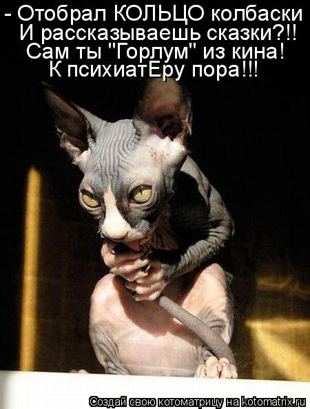 Котоматрица: - Отобрал КОЛЬЦО колбаски И рассказываешь сказки?!! Сам ты "Горлум" из кина! К психиатЕру пора!!!