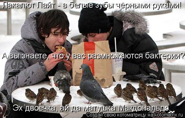 Котоматрица: Лакалют Лайт - в белые зубы чёрными руками! А вы знаете, что у вас размножаются бактерии? Эх двоечка, ай да матушка Макдональдс.
