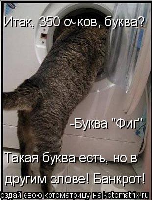 Котоматрица: Итак, 350 очков, буква? -Буква "Фиг"  Такая буква есть, но в другим слове! Банкрот!
