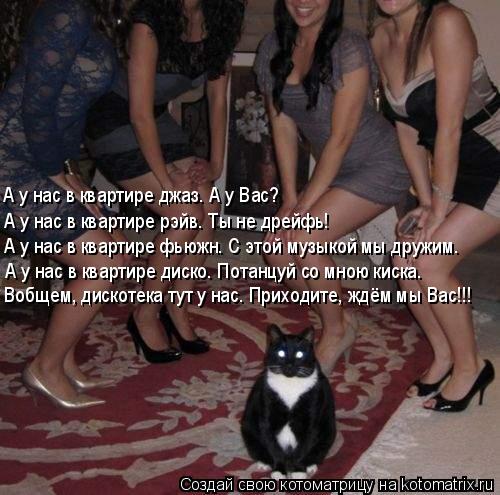 Котоматрица: Вобщем, дискотека тут у нас. Приходите, ждём мы Вас!!! А у нас в квартире диско. Потанцуй со мною киска. А у нас в квартире фьюжн. С этой музыкой 