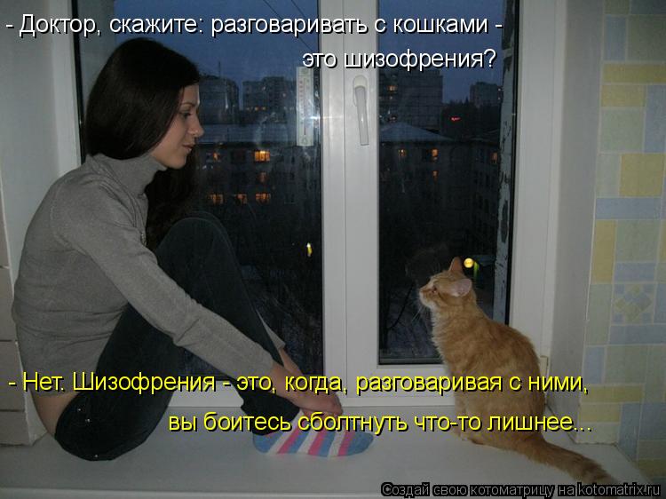 Котоматрица: - Доктор, скажите: разговаривать с кошками -  это шизофрения?  - Нет. Шизофрения - это, когда, разговаривая с ними,  вы боитесь сболтнуть что-то л