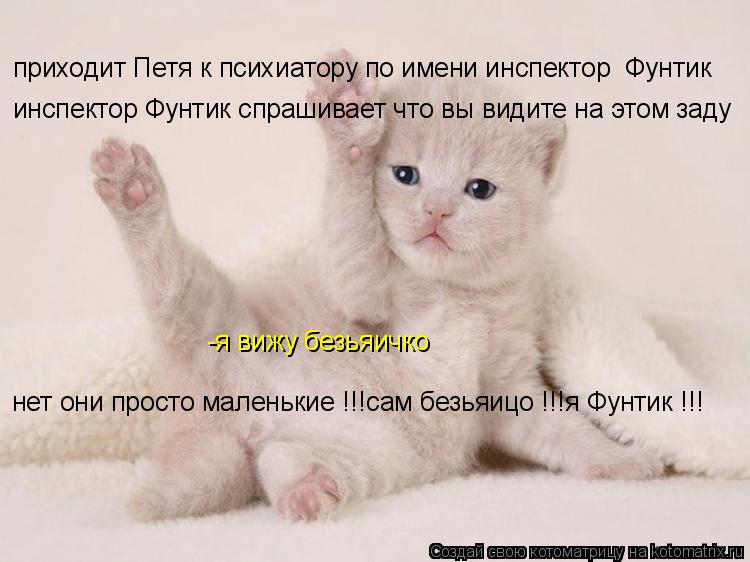 приходит Петя к психиатору по имени инспектор Фунтик инспектор Фунтик спрашивает что вы видите на эт... Котоматрица: приходит Петя к психиатору по имени инспектор Фунтик инспектор Фунтик спрашивает что вы видите на этом заду -я вижу безьяичко нет они прос