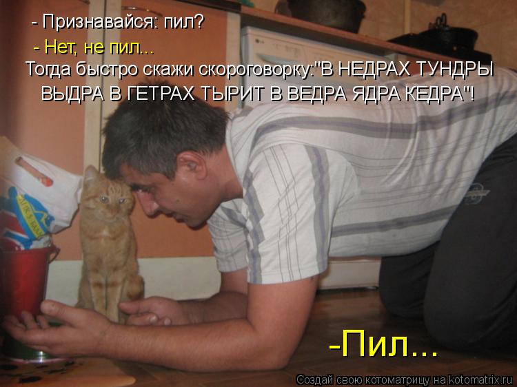 - Признавайся: пил? - Нет, не пил... Тогда быстро скажи скороговорку:"В НЕДРАХ ТУНДРЫ ВЫДРА В ГЕТРА... Котоматрица: - Признавайся: пил? - Нет, не пил... Тогда быстро скажи скороговорку:"В НЕДРАХ ТУНДРЫ ВЫДРА В ГЕТРАХ ТЫРИТ В ВЕДРА ЯДРА КЕДРА"! -Пил...