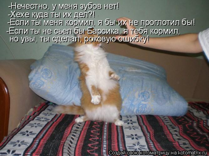 Котоматрица: -Нечестно, у меня зубов нет! -Хехе куда ты их дел?! -Если ты меня кормил, я бы их не проглотил бы! -Если ты не сьел бы Барсика, я тебя кормил,  но ув
