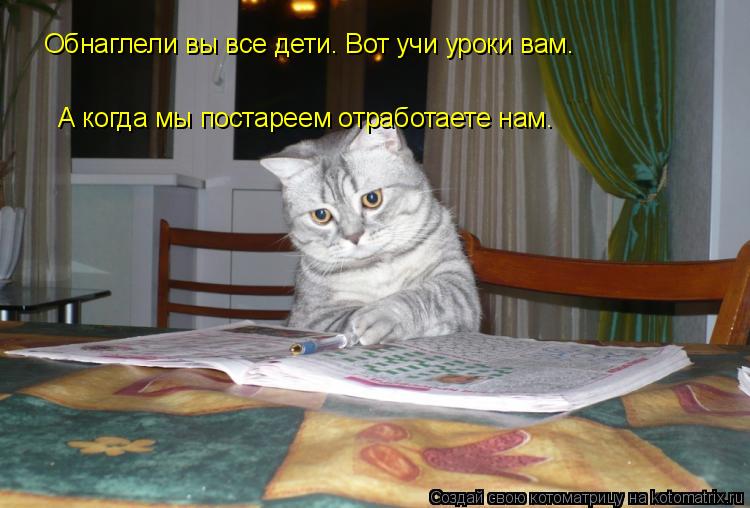 Котоматрица: Обнаглели вы все дети. Вот учи уроки вам. А когда мы постареем отработаете нам.