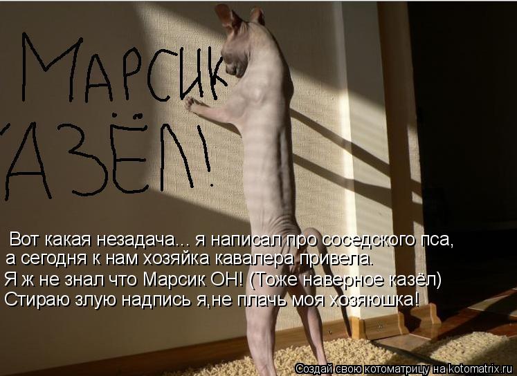 Вот какая незадача... я написал про соседского пса, а сегодня к нам хозяйка кавалера привела. Я ж не ... Котоматрица: Вот какая незадача... я написал про соседского пса, а сегодня к нам хозяйка кавалера привела. Я ж не знал что Марсик ОН! (Тоже наверное казёл) С