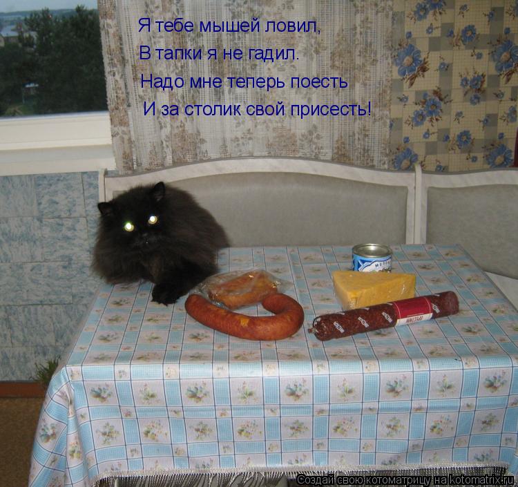 Я тебе мышей ловил, В тапки я не гадил. Надо мне теперь поесть И за столик свой присесть!... Котоматрица: Я тебе мышей ловил, В тапки я не гадил. Надо мне теперь поесть И за столик свой присесть!